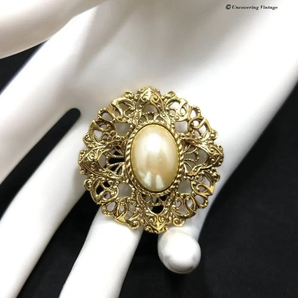 Vintage 1928 Faux Pearl Brooch, Gold Tone Filigree Patterned Back, 1990s, 1 1/2